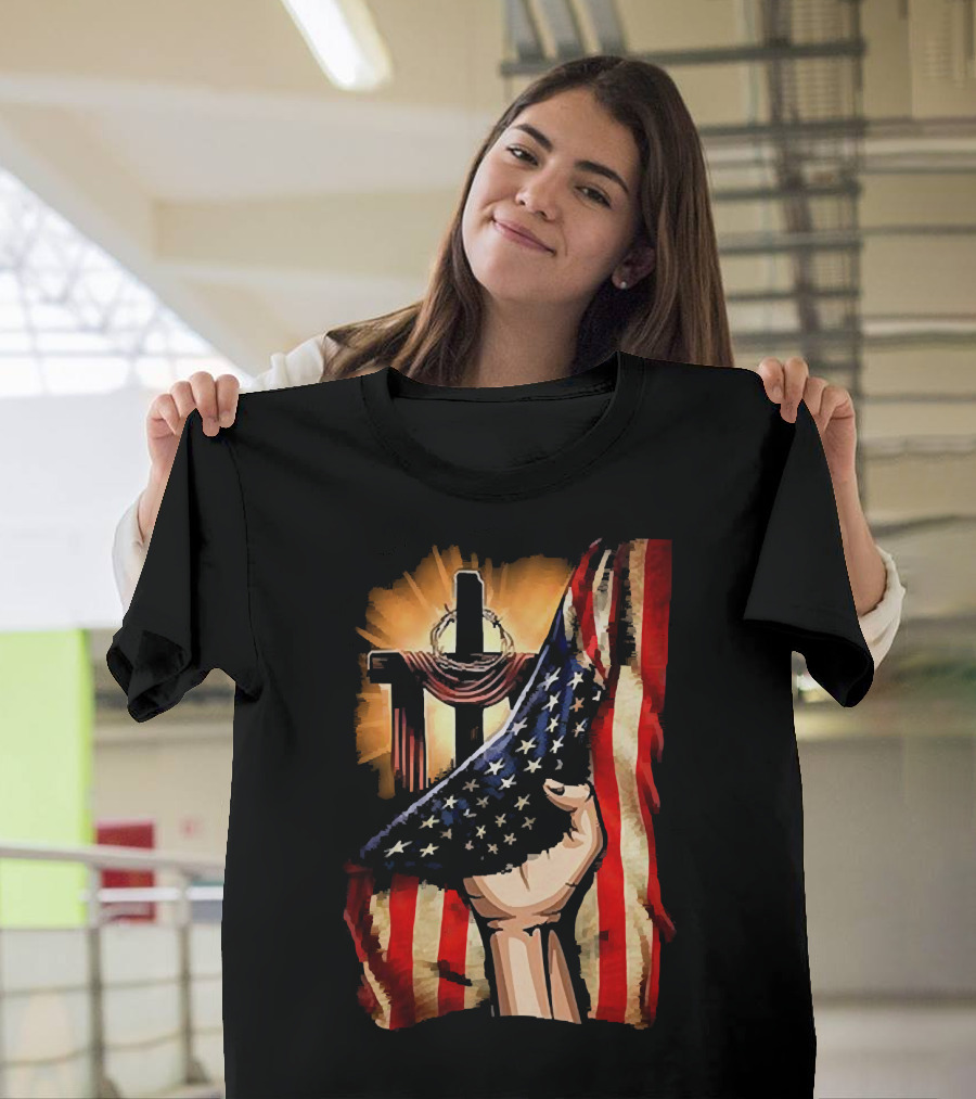 Jesus God American Flag Cross And Hand Inside Me T-Shirt
