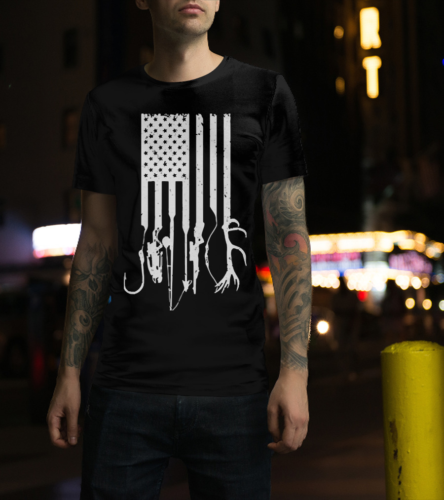 American Flag With Fishing Hooks And Hunting Gear T-Shirt