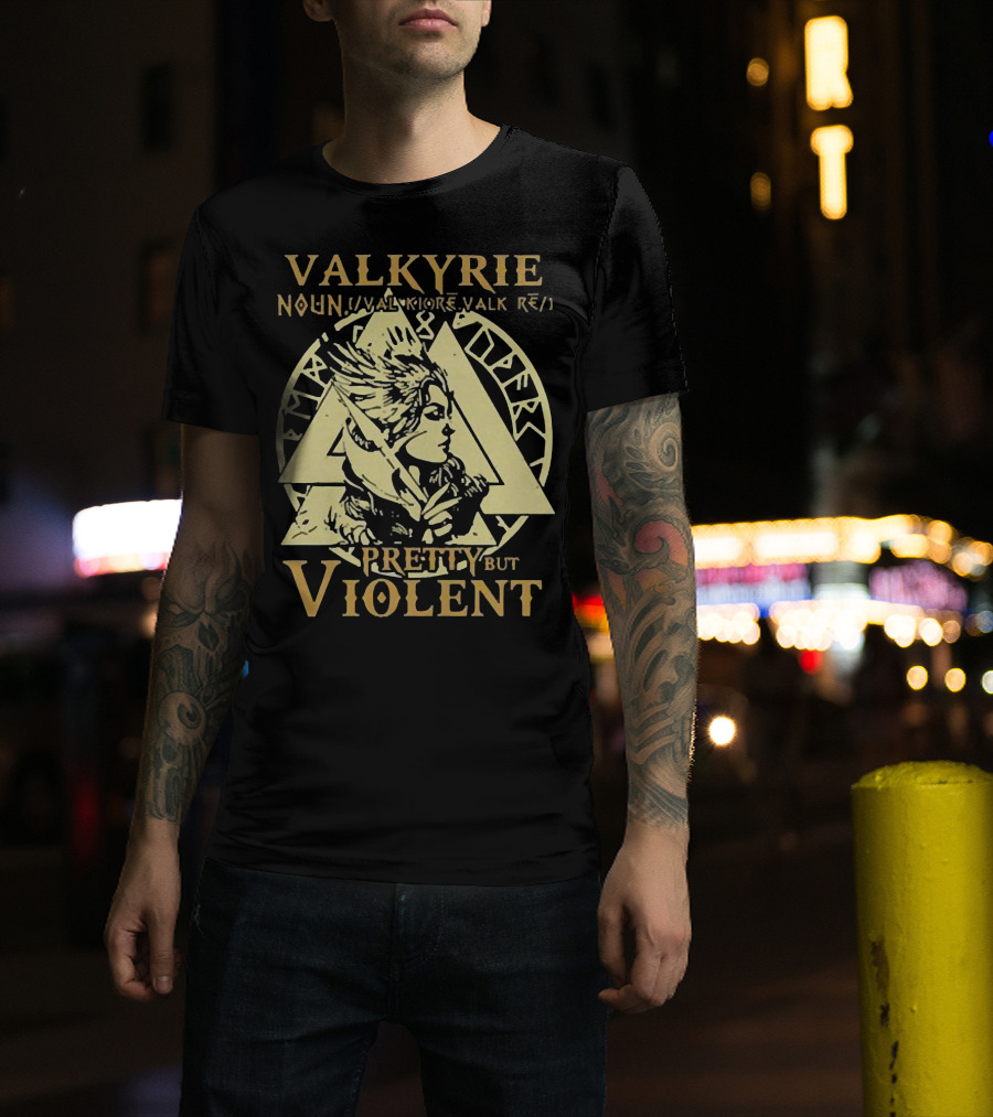 Valkyrie Noun Pretty But Violent With Norse Runes Background T-Shirt