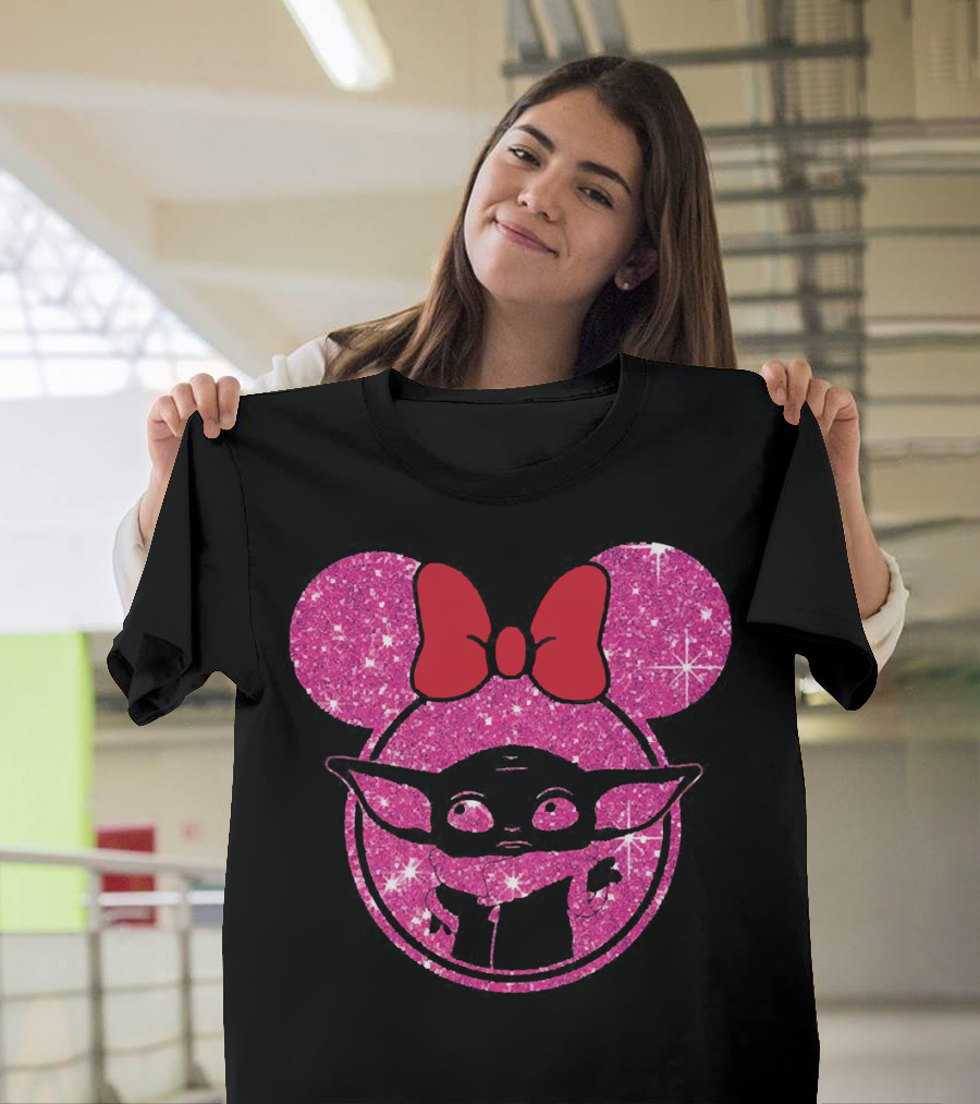 Baby Yoda Glitter Minnie Mouse Ears Red Bow T-Shirt