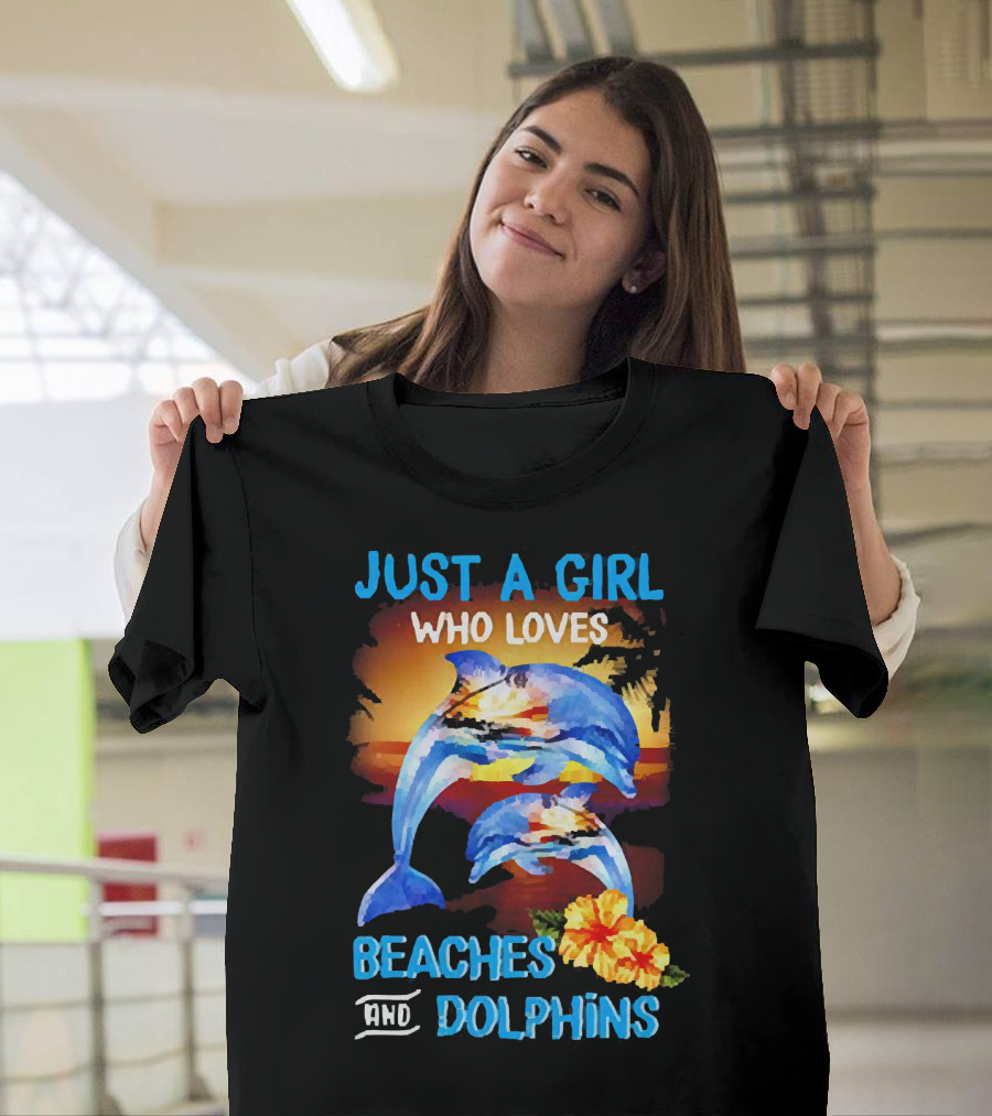 Just A Girl Who Loves Beaches And Dolphins Tropical Sunset With Dolphins And Hibiscus Flower T-Shirt