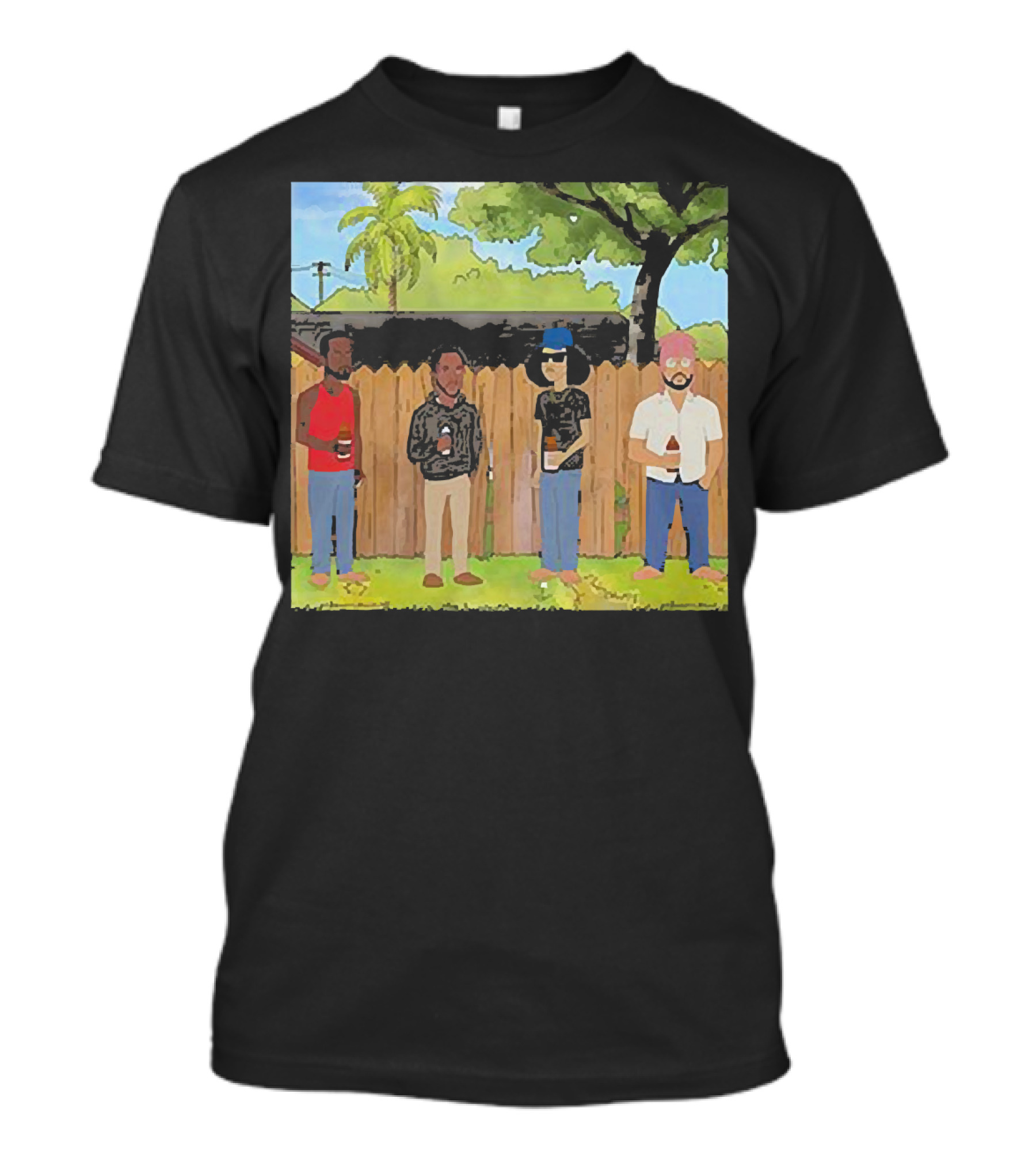 King Of The Hill Treatment With Four Men By Fence With Beverages And Trees T-Shirt