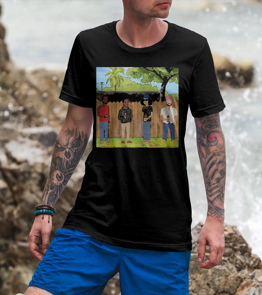 King Of The Hill Treatment With Four Men By Fence With Beverages And Trees T-Shirt