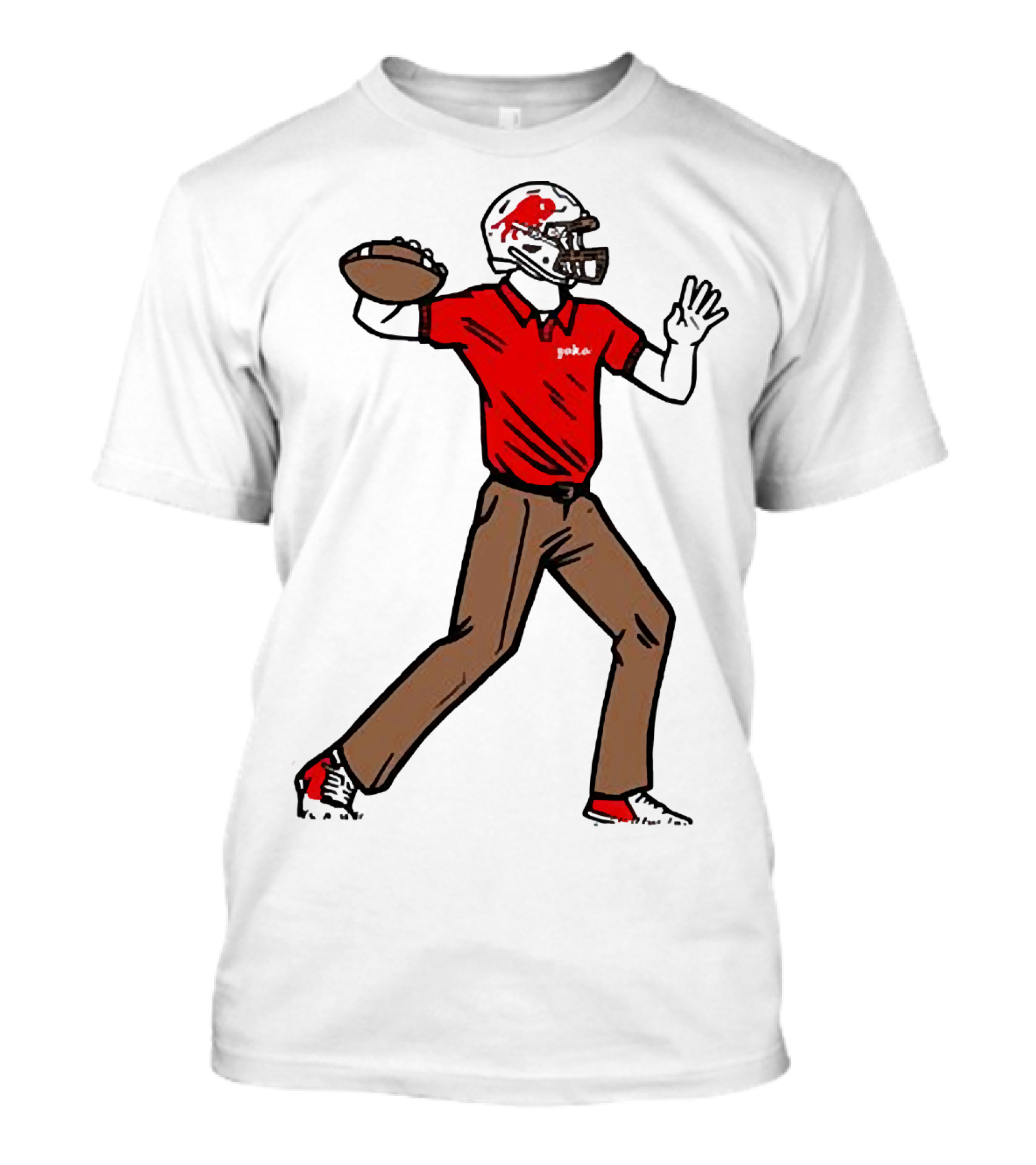 Jake From Buffalo Football Player Throwing Pass Brown Pants Red Shirt Helmet T-Shirt