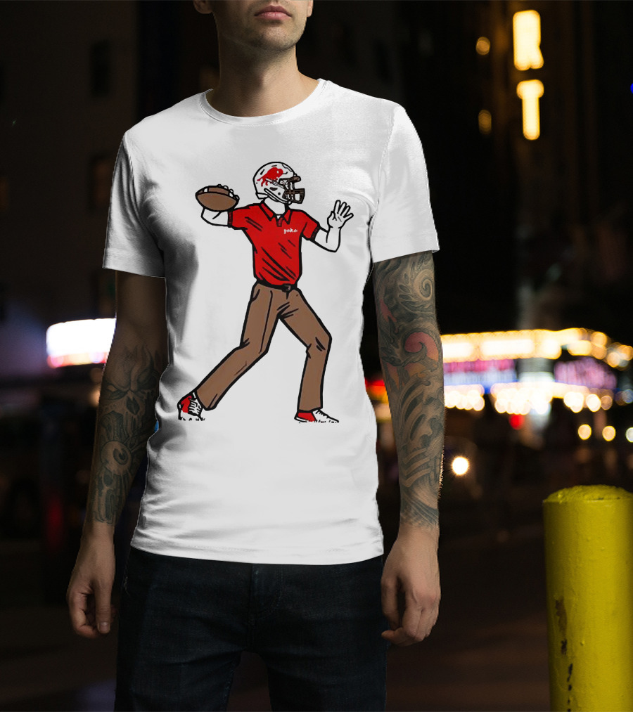 Jake From Buffalo Football Player Throwing Pass Brown Pants Red Shirt Helmet T-Shirt