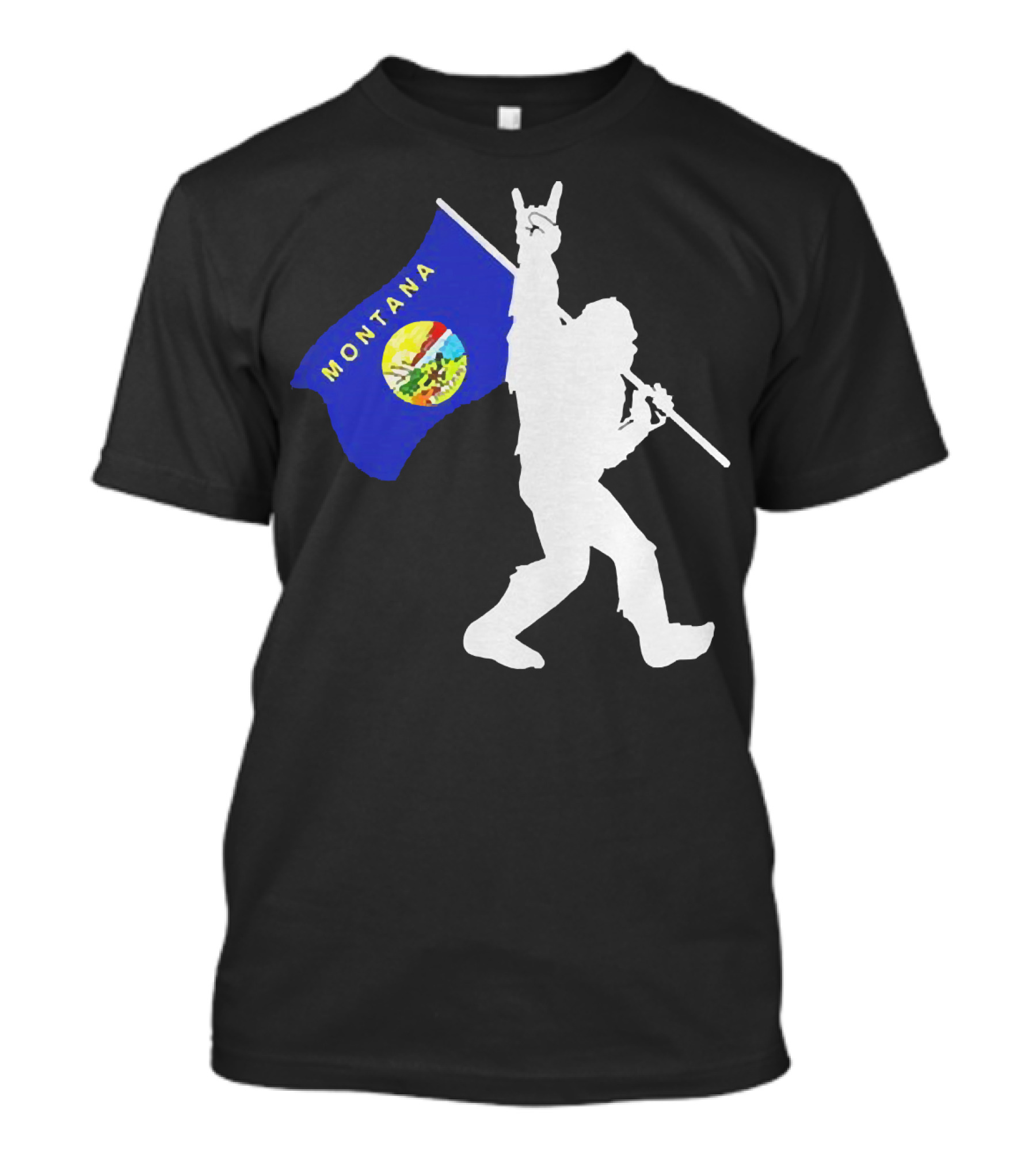 Bigfoot Holding Montana State Flag Middle Finger Gesture T-Shirt