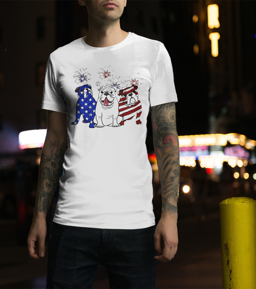 American Bulldog Stars And Stripes With Fireworks Merica T-Shirt