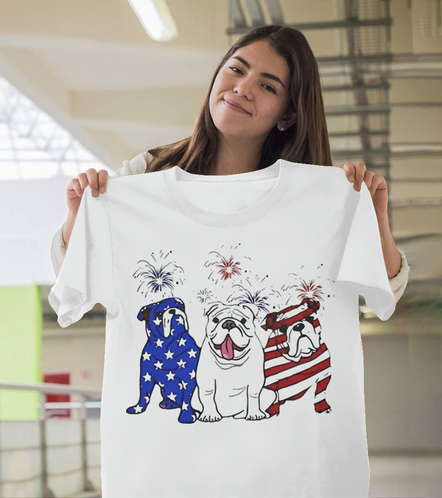 American Bulldog Stars and Stripes with Fireworks Merica T-Shirt