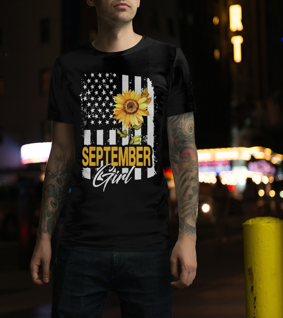 September Girl Sunflowers With American Flag T-Shirt