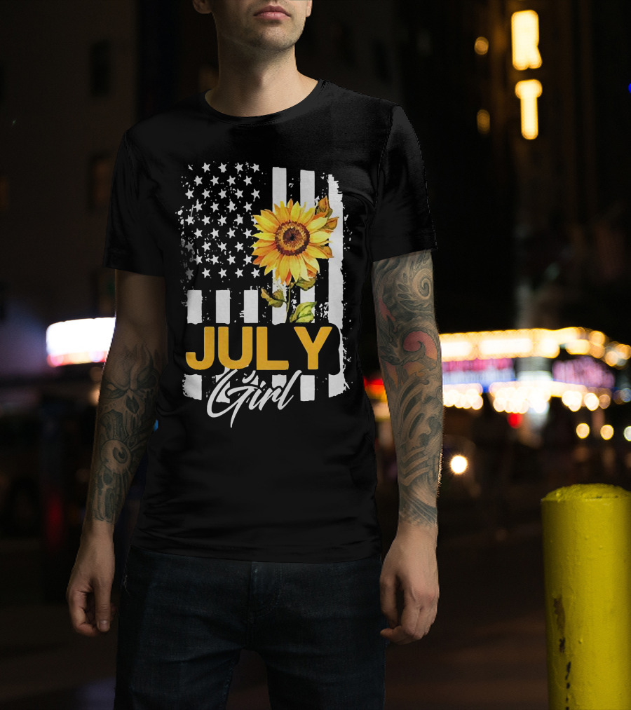 July Girl Sunflower American Flag T-Shirt