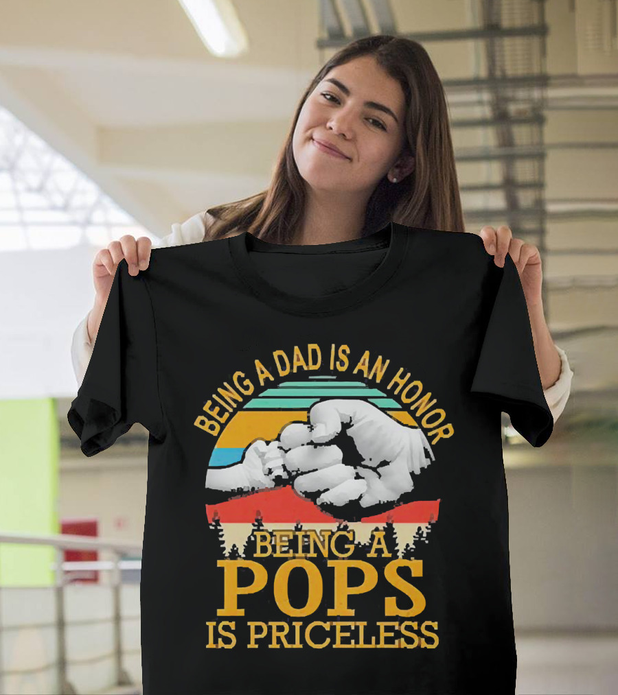 Being a Dad is an Honor Being a Pops is Priceless Forest Fist Bump Retro Stripes T-Shirt