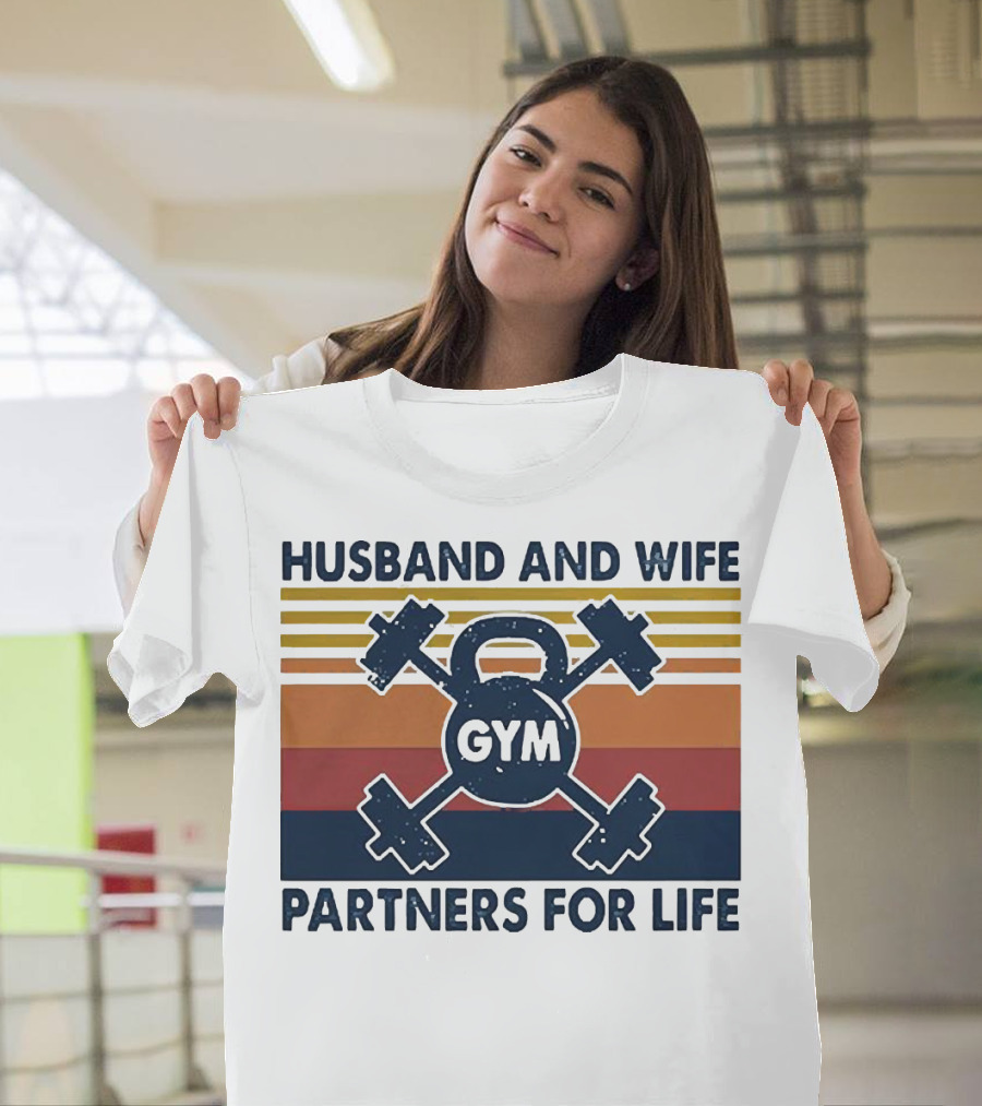 Husband And Wife Gym Partners For Life Kettlebell And Dumbbells Vintage Stripes T-Shirt