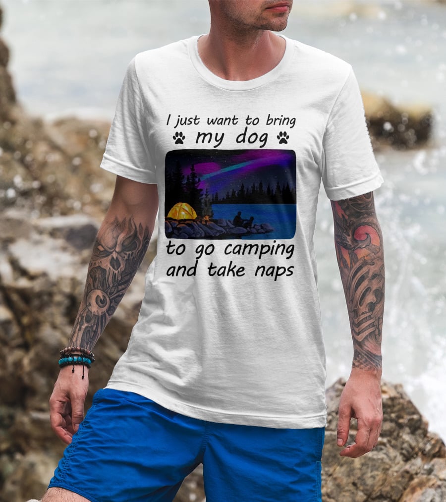 I Just Want To Bring My Dog To Go Camping And Take Naps With Aurora Borealis And Tent By Lake T-Shirt
