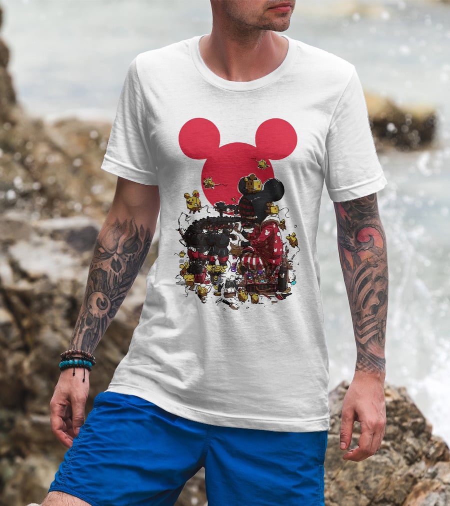 Mickey Mouse Red Circle Artist Scene With Small Characters T-Shirt