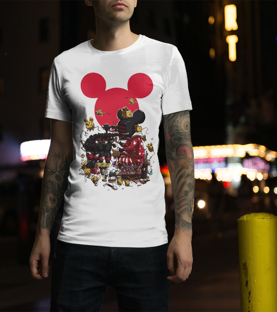 Mickey Mouse Red Circle Artist Scene With Small Characters T-Shirt