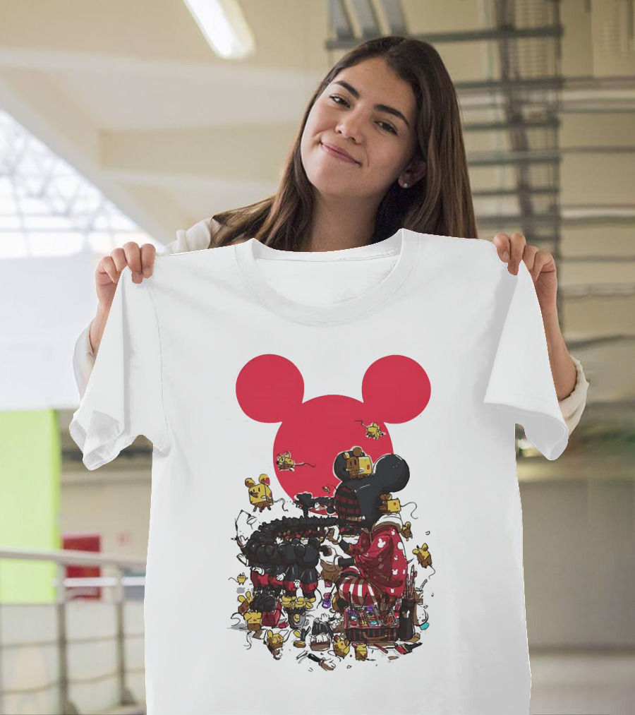 Mickey Mouse Red Circle Artist Scene with Small Characters T-Shirt