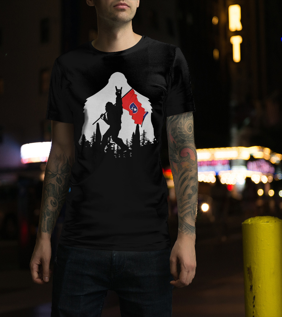 Bigfoot Silhouette With Rock And Roll Pose Holding Tennessee Flag In Forest T-Shirt