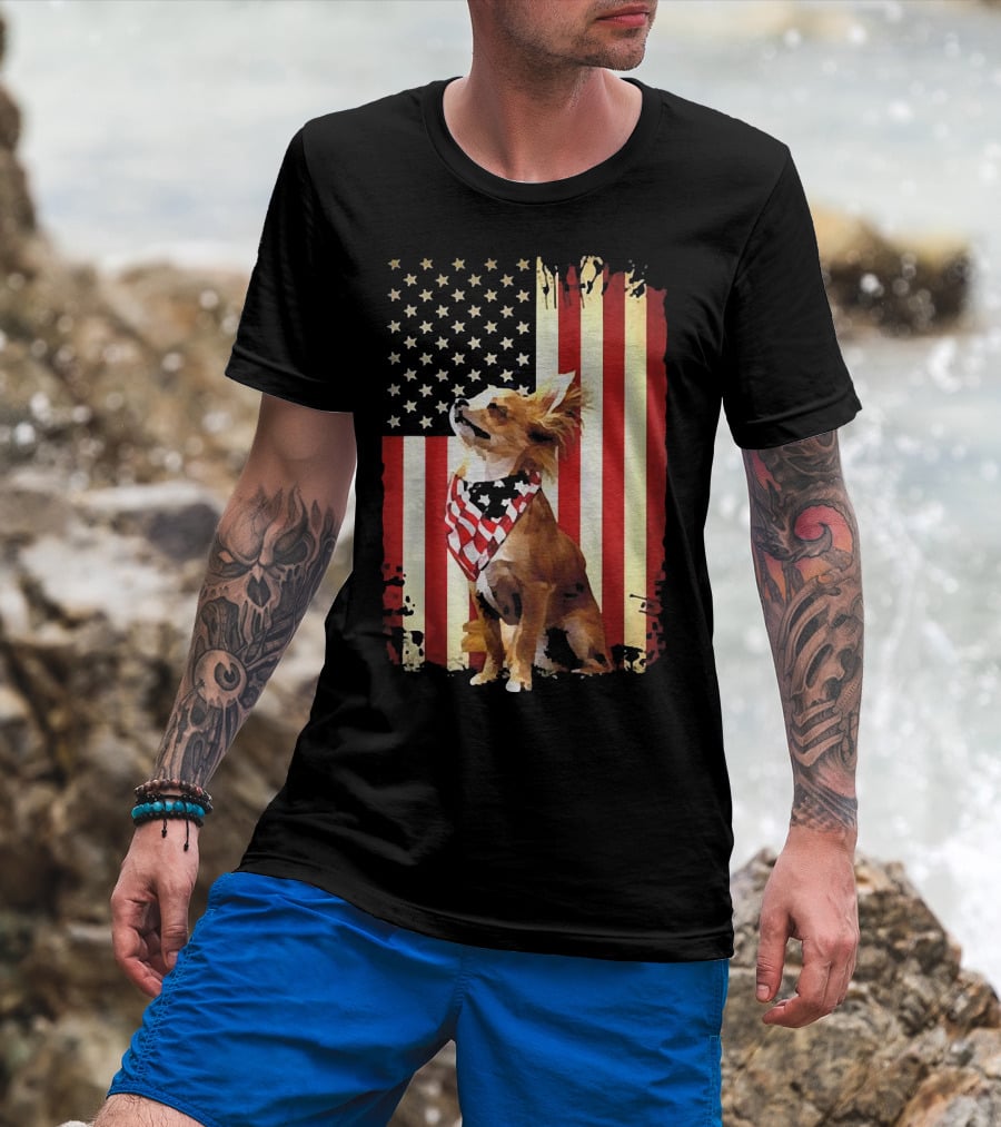 Patriotic Chihuahua With American Flag Background T-Shirt
