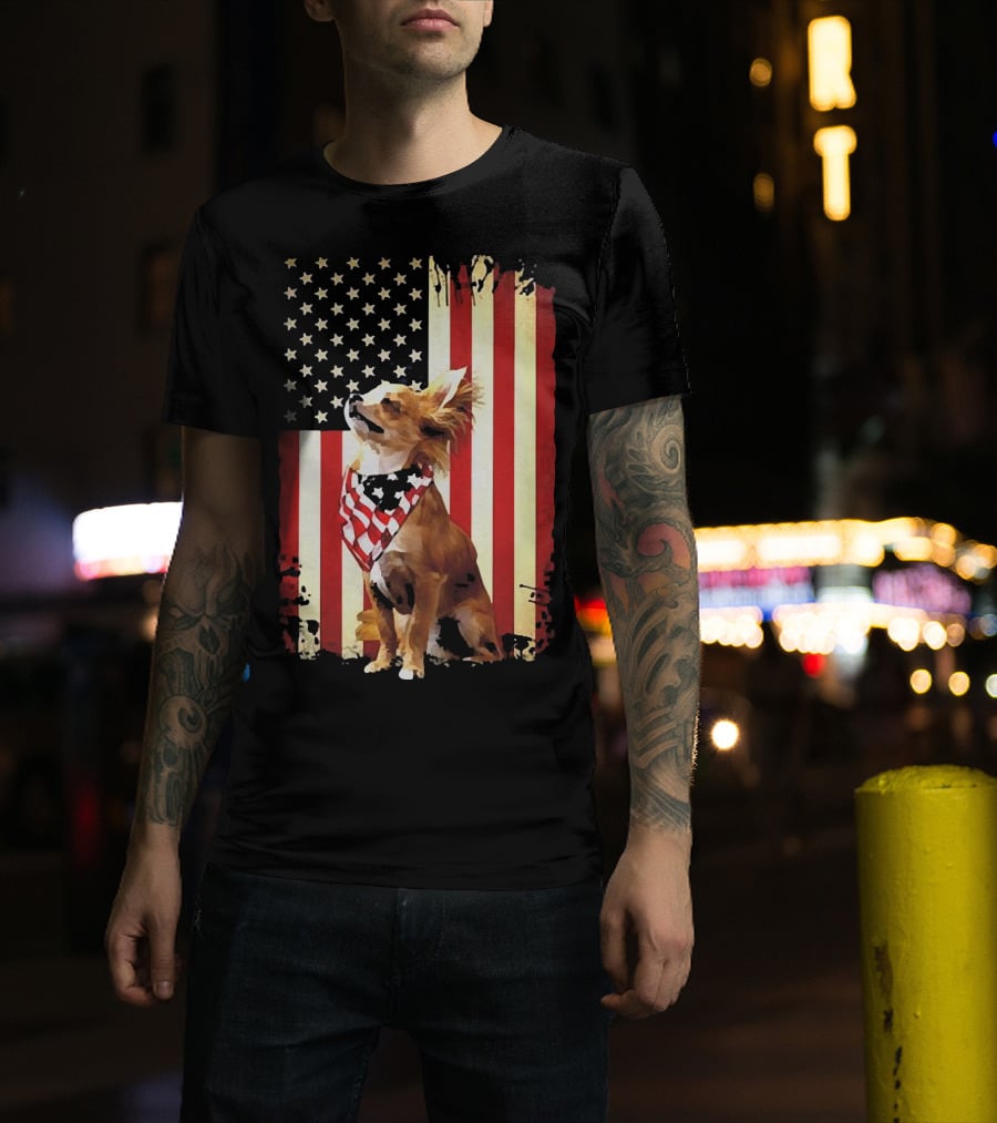 Patriotic Chihuahua With American Flag Background T-Shirt