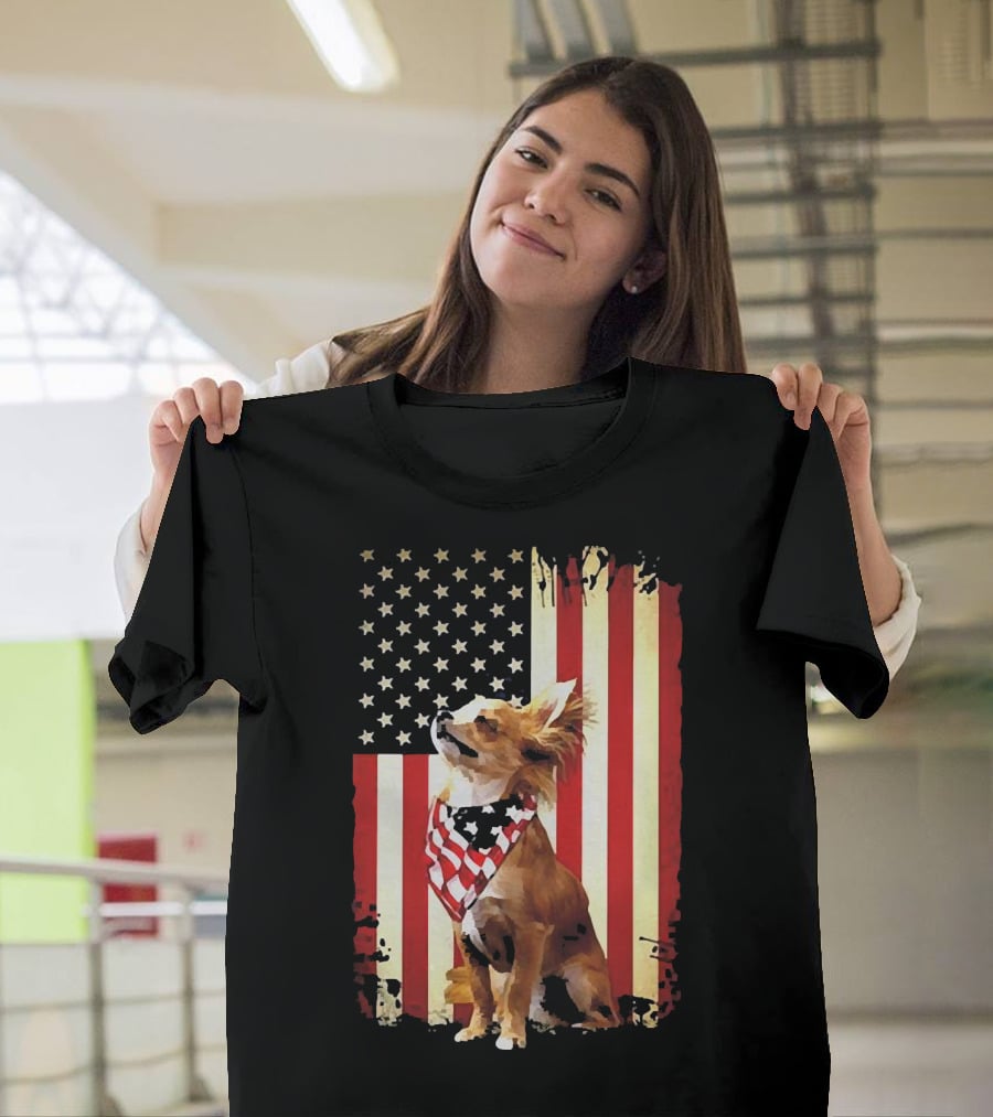 Patriotic Chihuahua With American Flag Background T-Shirt