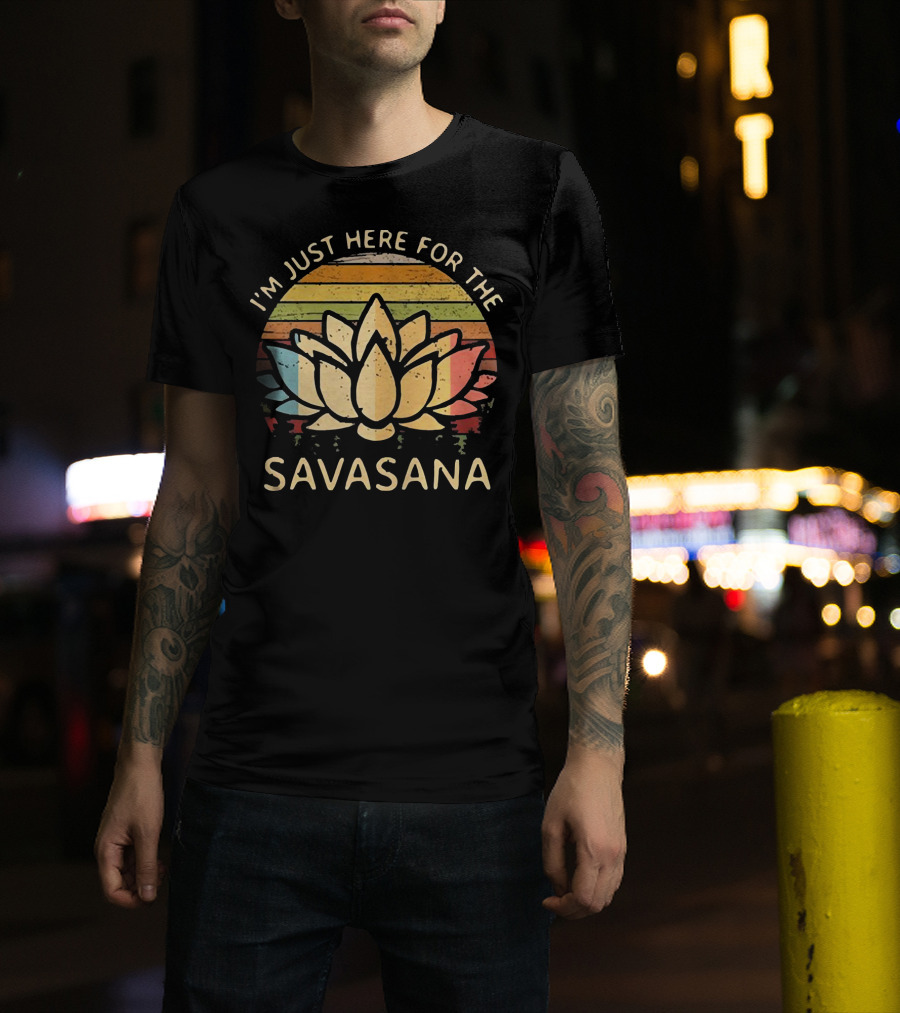 I'm Just Here For The Savasana Lotus With Retro Sunset Stripes T-Shirt