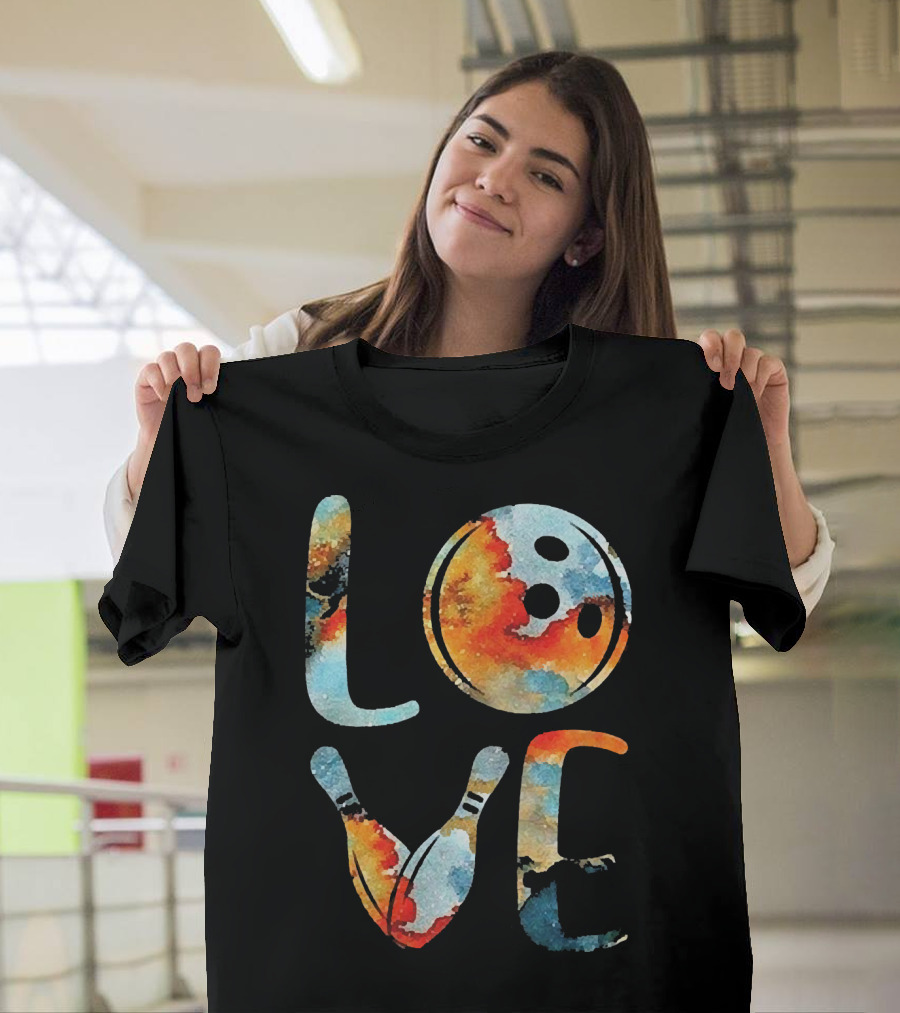 LOVE Bowling Pins and Ball Colorful Print T-Shirt