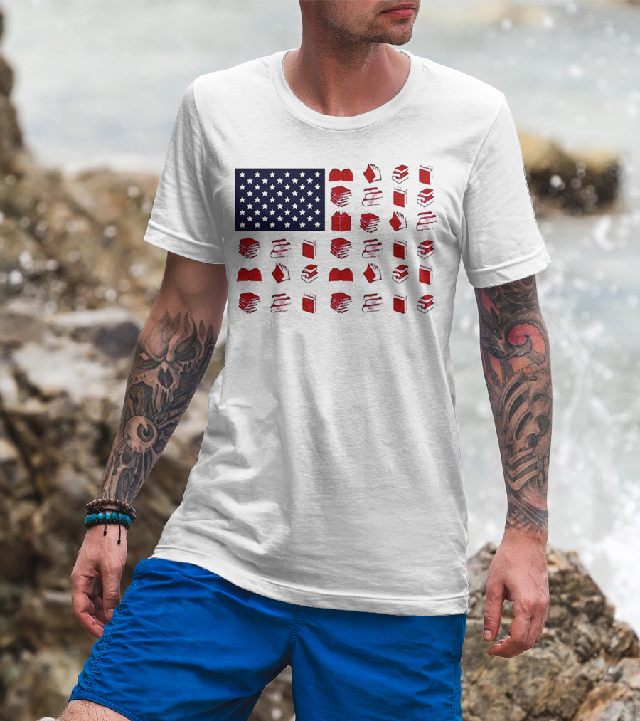 American Flag Made Of Books Veteran Independence Day T-Shirt