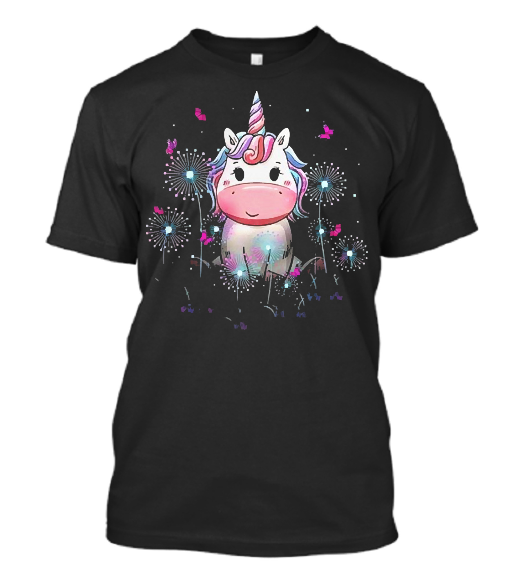 Baby Unicorn With Dandelion Flowers And Butterflies T-Shirt