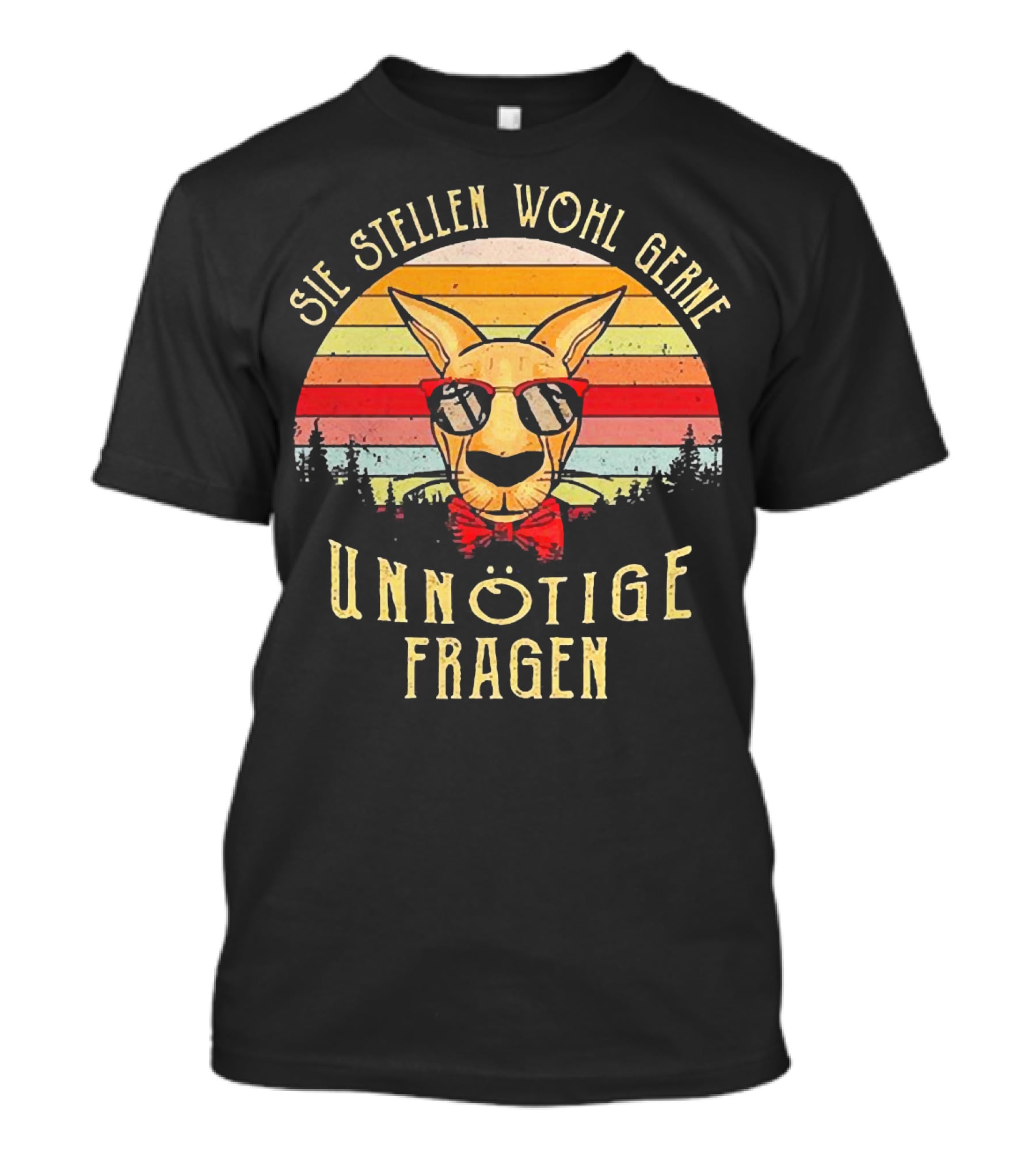 Sie Stellen Wohl Gerne Unnötige Fragen Retro Kangaroo With Sunglasses And Bow Tie Forest Stripes T-Shirt