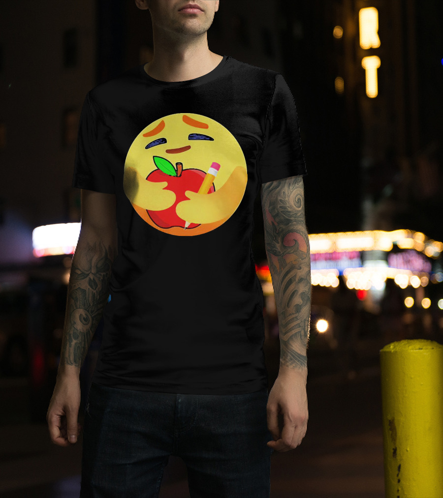 Teacher Care Emoji Hugging Apple And Pencil T-Shirt