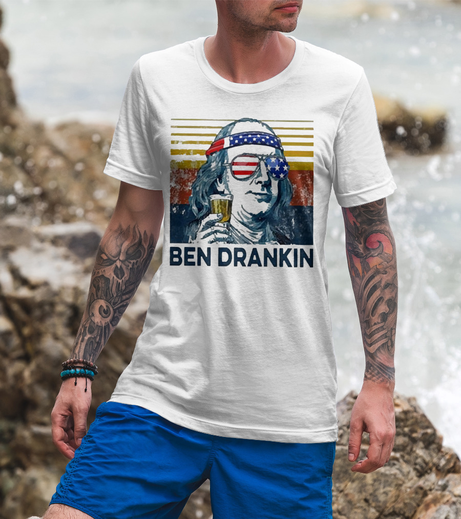 Ben Drankin Beer American Flag Sunglasses Patriotic Benjamin Franklin T-Shirt