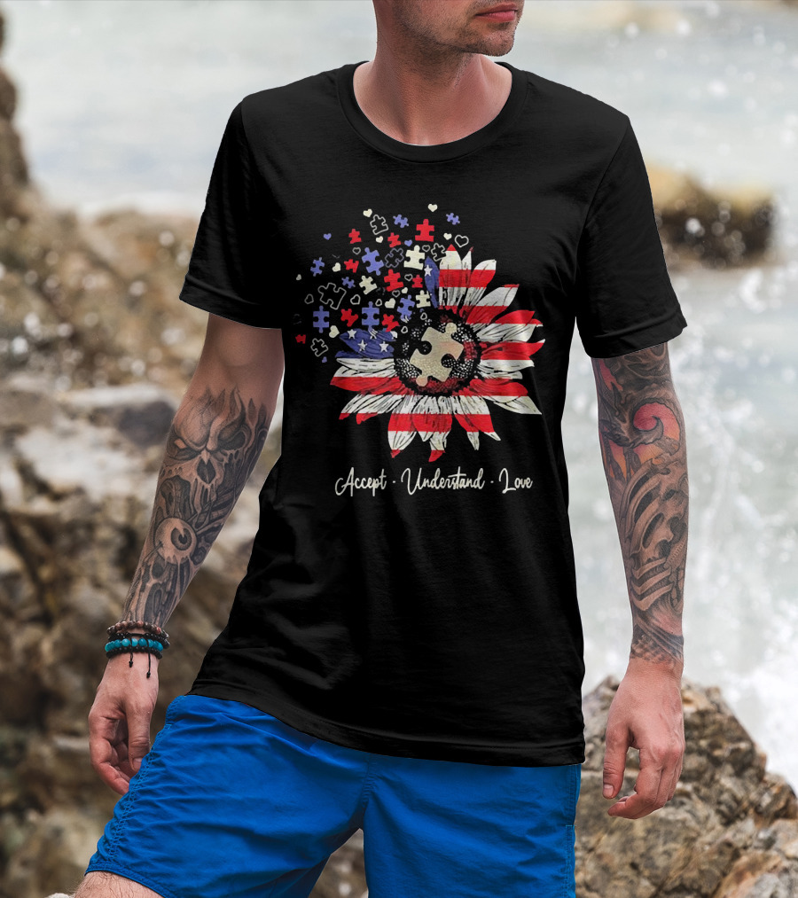 Accept Understand Love Autism Sunflower American Flag Puzzle Pieces T-Shirt