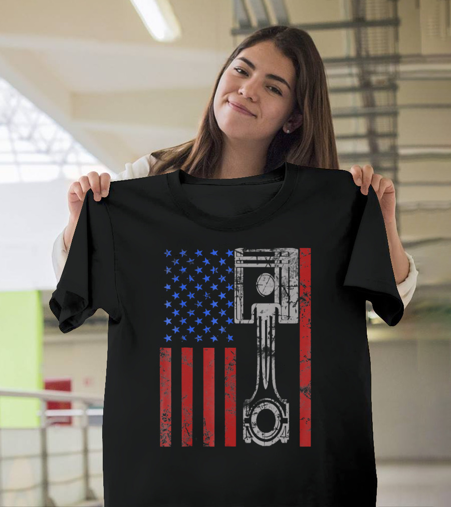 American Flag Muscle Car Piston Patriotic T-Shirt