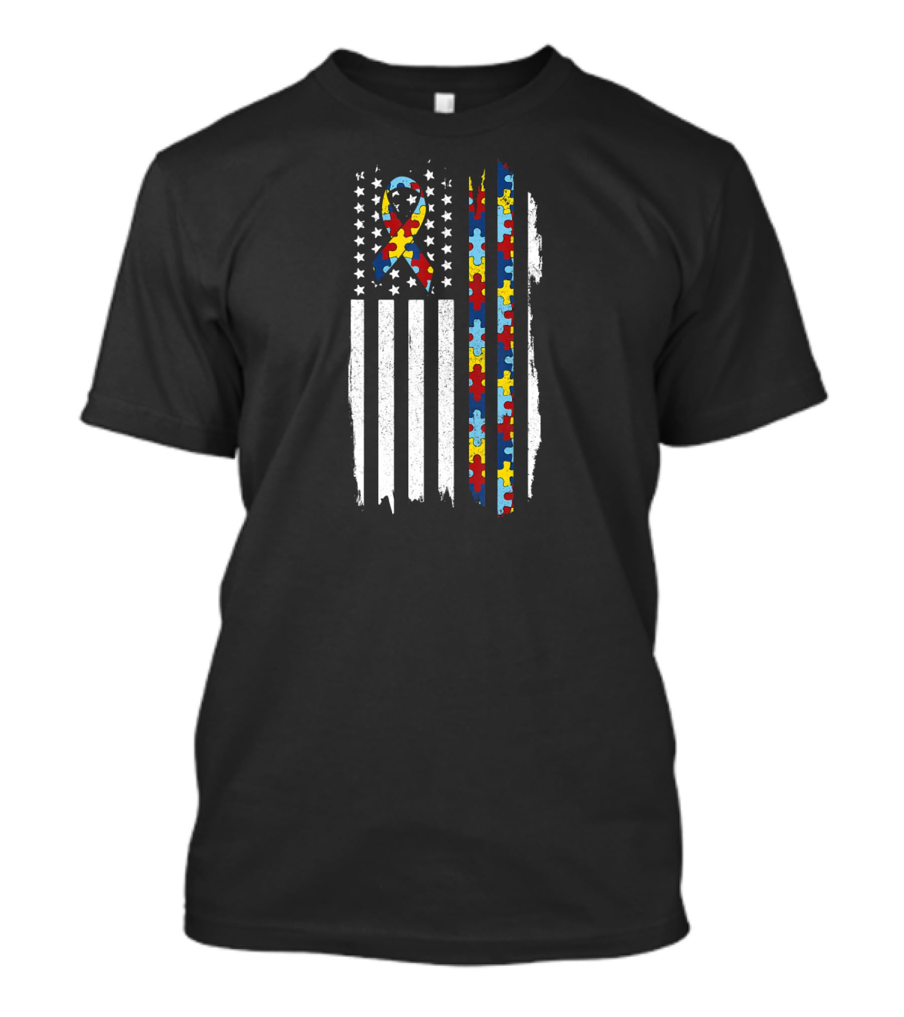 Autism Awareness Month Autistic Pride Ribbon American Flag Puzzle Pieces T-Shirt
