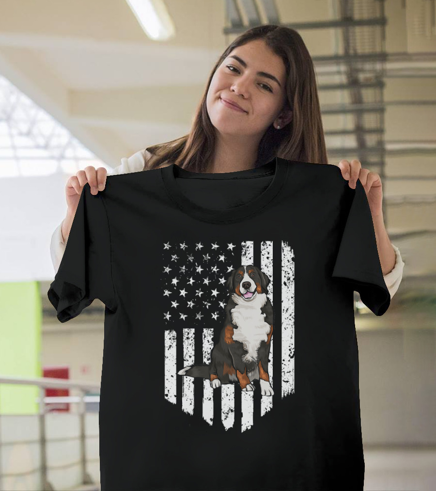 American Flag Bernese Mountain Dog Black White 4th Of July T-Shirt