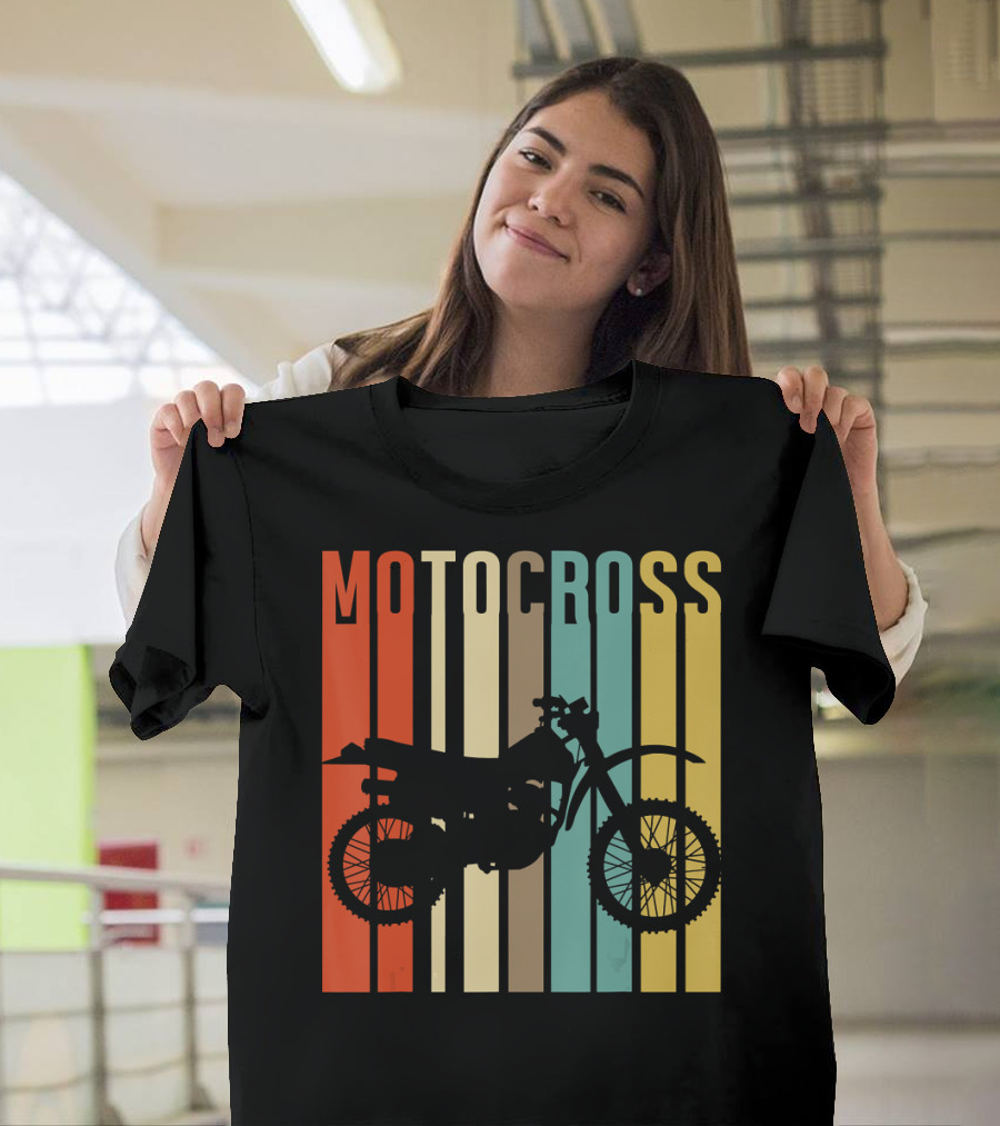 Vintage Motocross Bike Silhouette on Retro Stripes T-Shirt