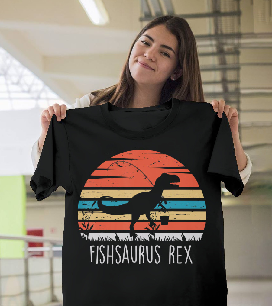 Fishsaurus Rex Dinosaur Vintage Fishing Sunset T-Shirt