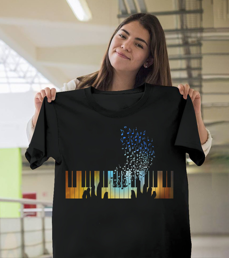 Musical Notes Rising from Colorful Keyboard Piano T-Shirt