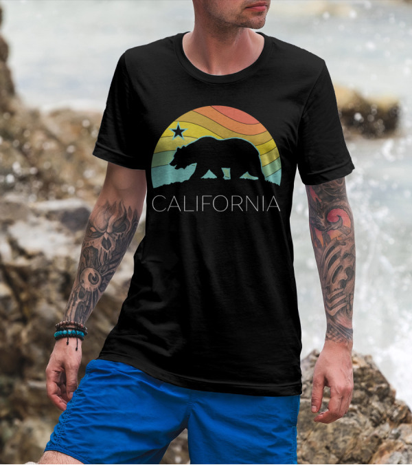 Retro California Bear Vintage Beach Cali Pride Surf 70s 80s Star Rainbow T-Shirt