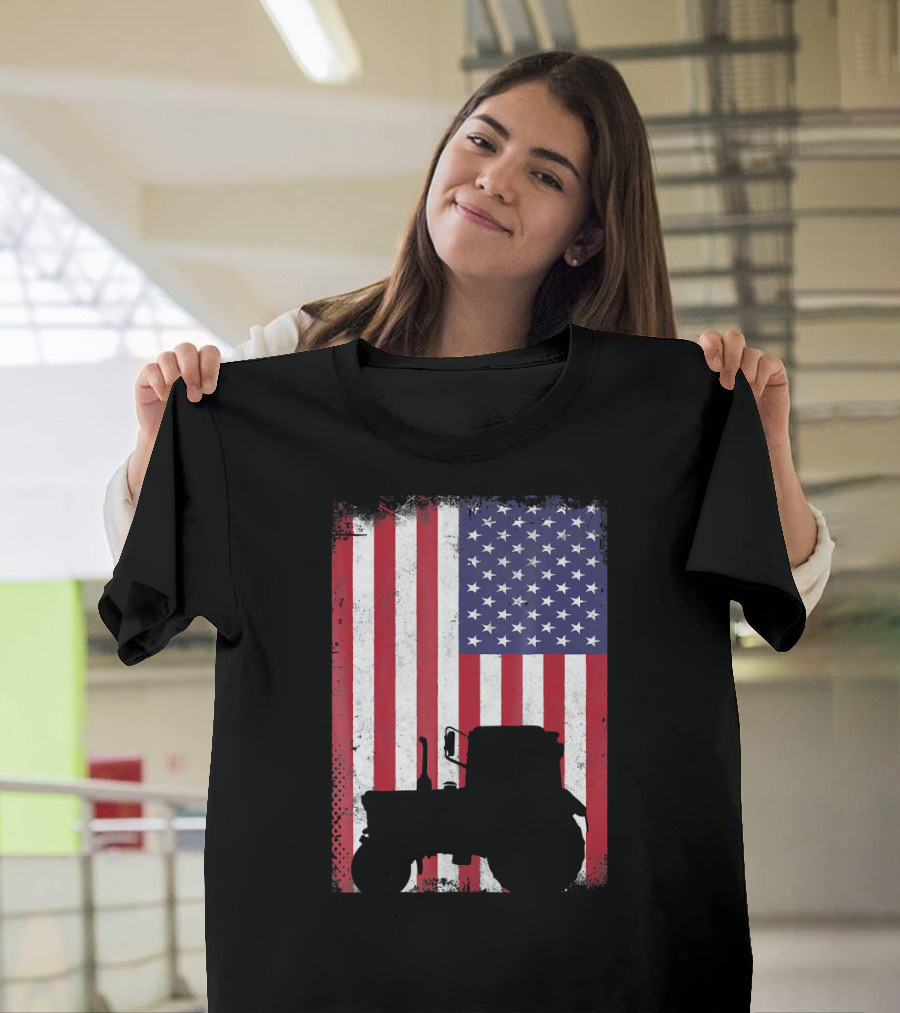Patriotic American Flag with Vintage Tractor Farming T-Shirt