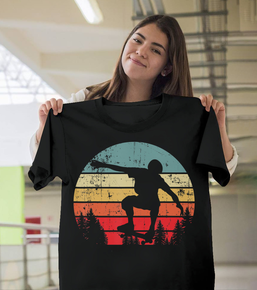 Trick Move Retro Vintage Skateboarder Silhouette Forest Sunset T-Shirt