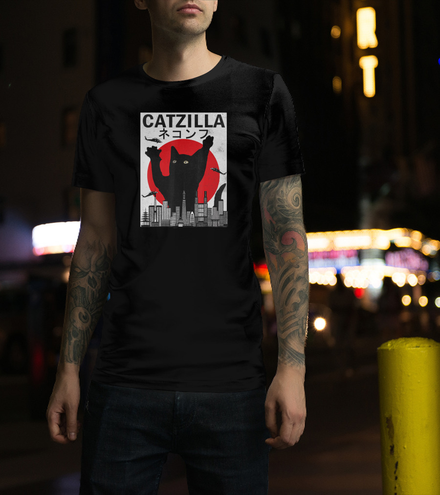 Catzilla Japanese Sunset Style Cat With Helicopter And Skyline Elements T-Shirt