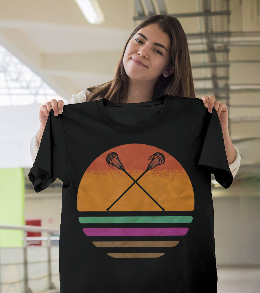 Vintage Retro Lacrosse Crossed Sticks Silhouette Sun T-Shirt