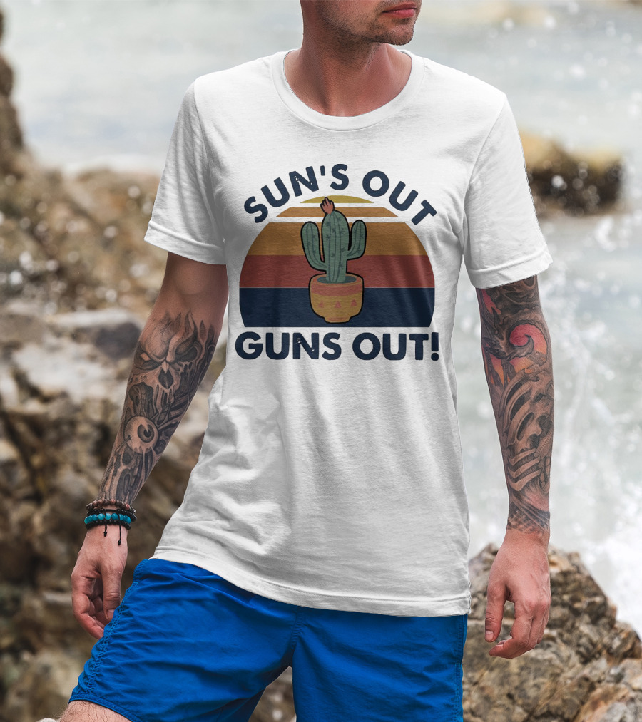 Sun’s Out Guns Out Cactus Retro Sunburst T-Shirt