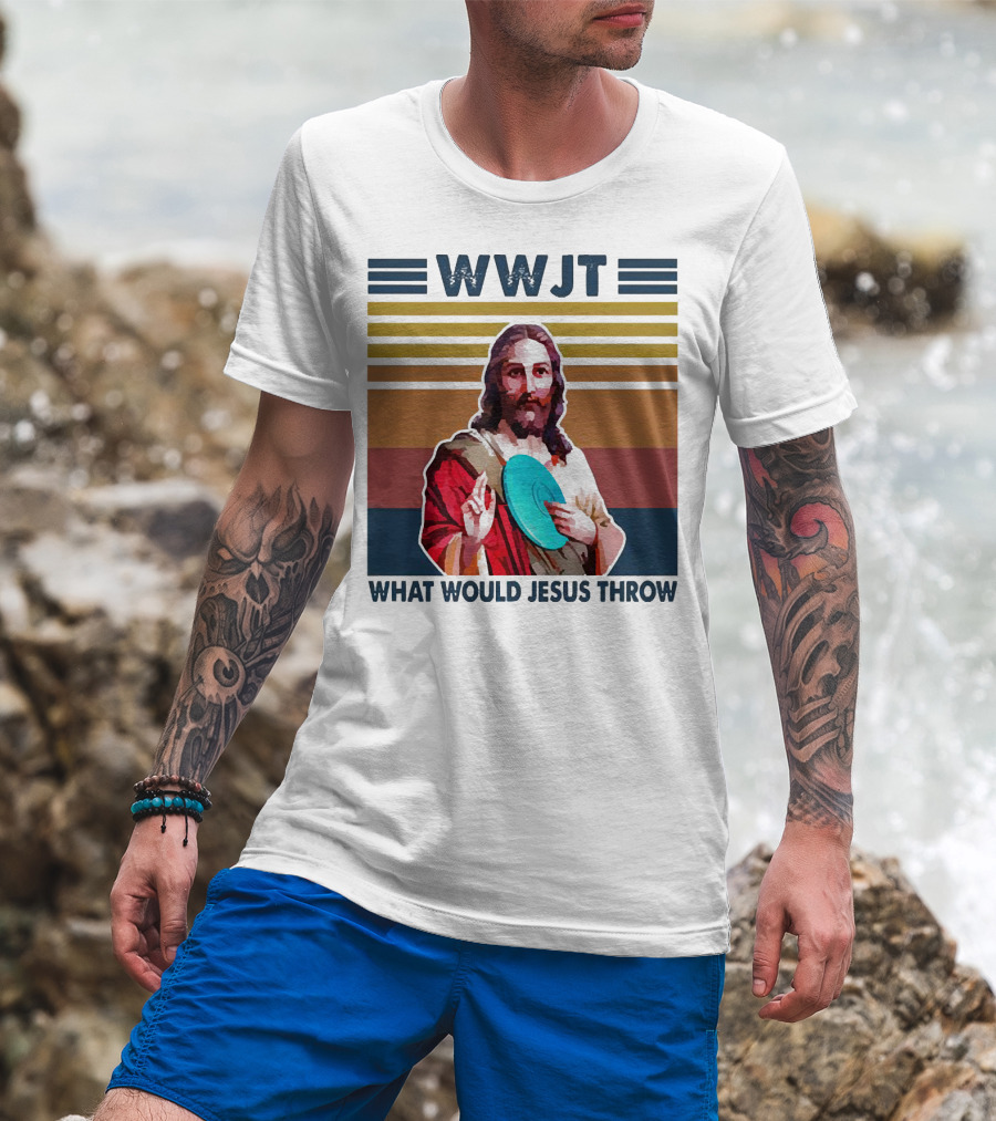 WWJT What Would Jesus Throw Disc Golf Frisbee Retro Stripes T-Shirt