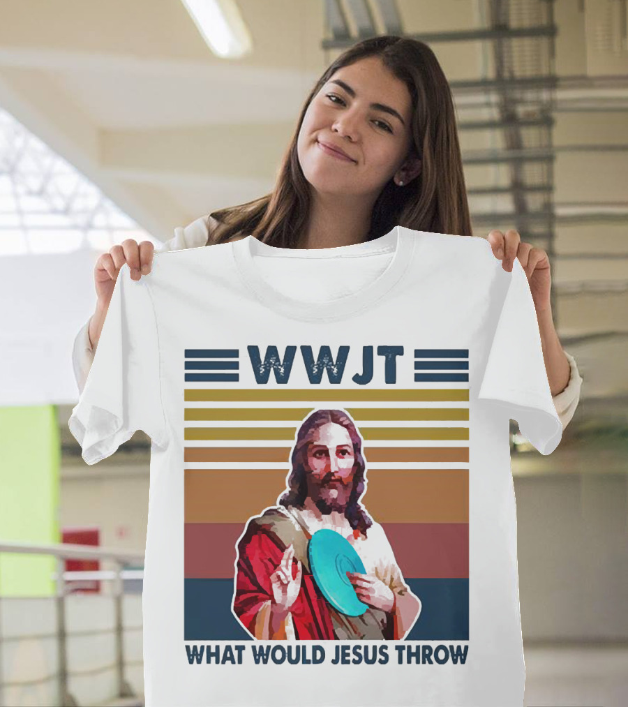 WWJT What Would Jesus Throw Disc Golf Frisbee Retro Stripes T-Shirt