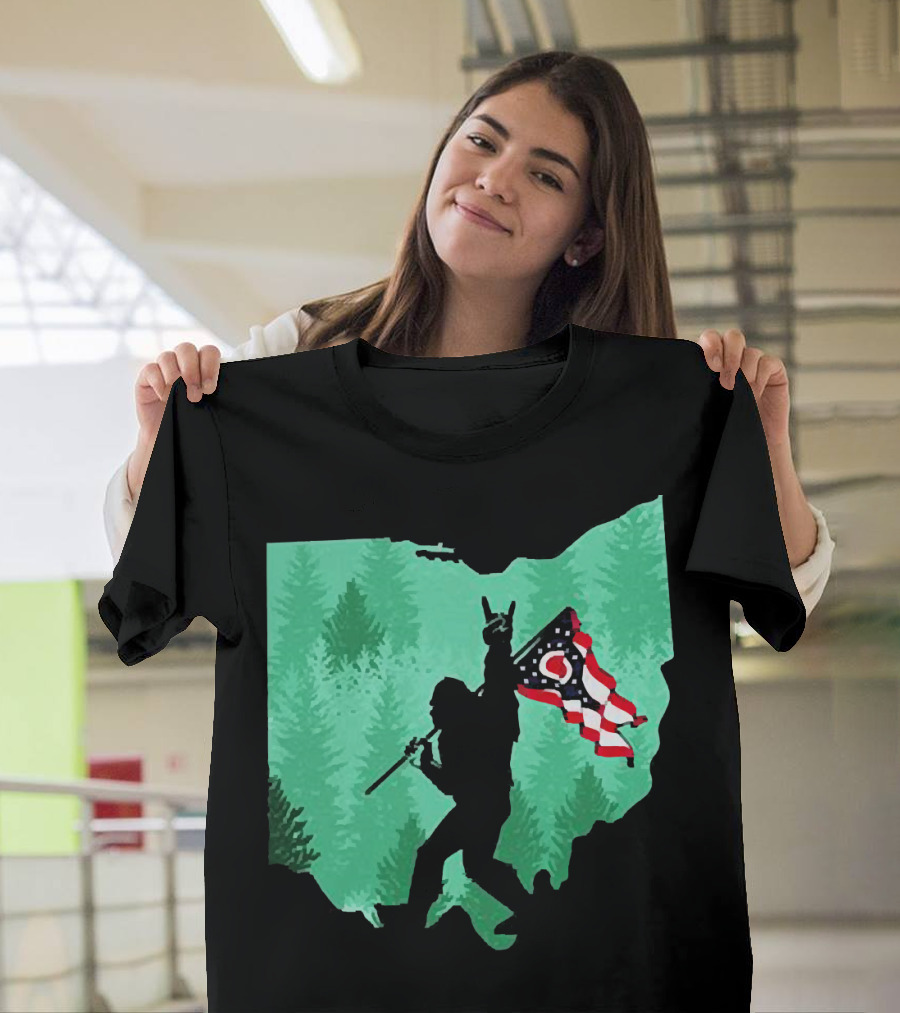 Bigfoot Rock And Roll Ohio State Silhouette With Flag Forest Background T-Shirt