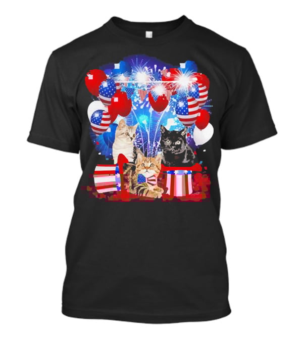 Cats Fireworks Balloons America Flag Happy Independence Day T-Shirt
