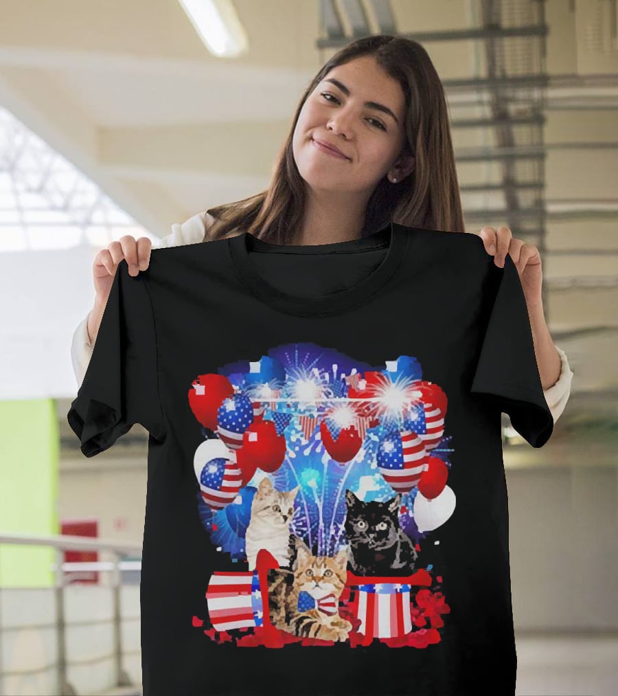Cats Fireworks Balloons America Flag Happy Independence Day T-Shirt