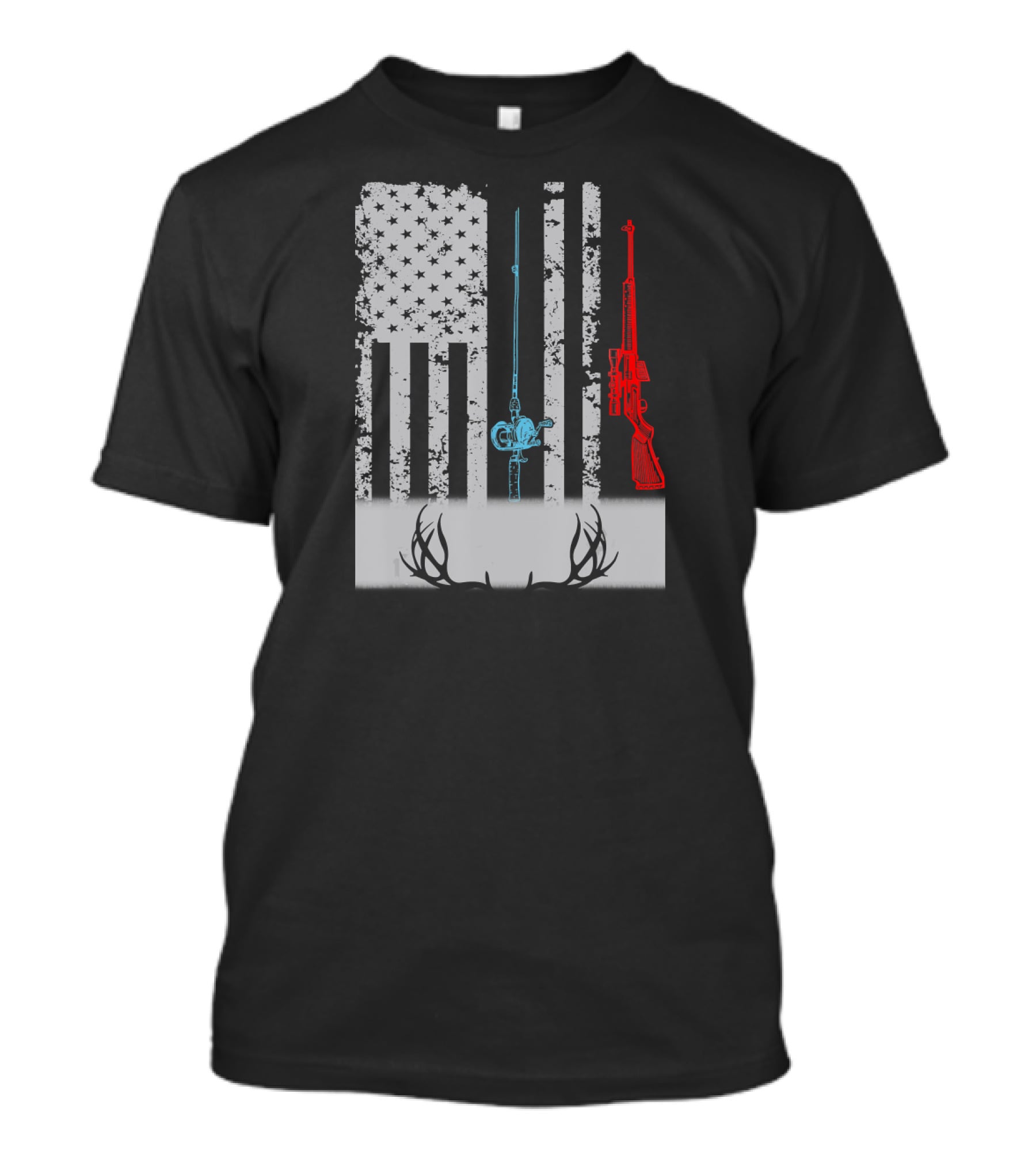 American Flag Fishing Rod Rifle Antlers T-Shirt